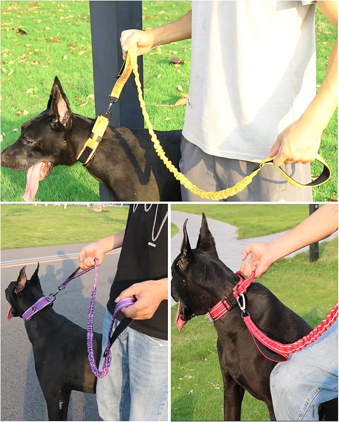 AUBELL Tactical Dog Collar and Leash Set, Reflective Adjustable Heavy Duty Military K9 Collars with Handle and Metal Buckle for Medium Dogs, with Airtag Case and 2 Patches(Yellow,M)