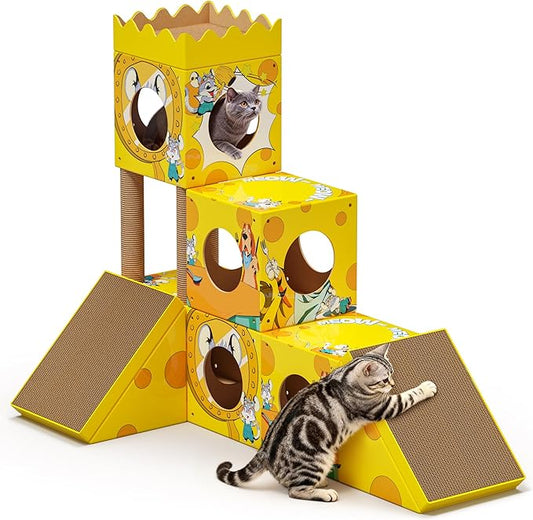 DIY Cardboard Cat House, Multi-Level Cat Tree Tower with Scratching Posts, Scratching Pad, Tunnel & Playhouse for Kittens & Adult Cats, Recyclable 48.8" × 25" × 40.16", Yellow Mouse