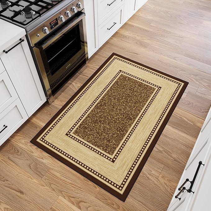 Ottomanson 3'3" x 5' Rugs for Living Room Border Area Rug for Bedroom - Non Slip Durable Large Floor Carpet for High Traffic Areas - Indoor Rug for Dining Room Kitchen Kids Playroom, Brown