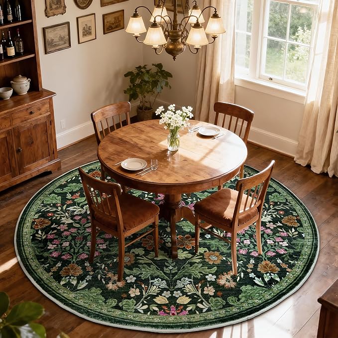 Floral Area Rug for Living Room: 6x6 Washable Soft Low Pile Thin Indoor Carpet, Non Slip Stain Resistant Vintage Flower Boho Accent Large Rugs for Bedroom, Dining, Home Office, Nursery - Green