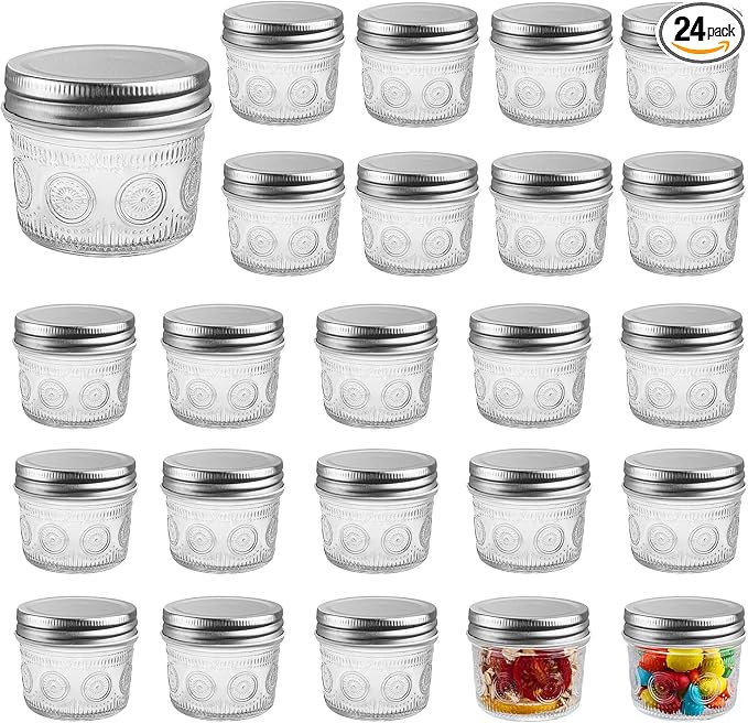 Amzcku 4 oz Glass Mason Jars with Regular Mouth Lids - 24-Pack Glass Canning Jars for Storage, Overnight Oats, Jam, Jelly, Honey, Beans, Spices, Wedding Favors, Shower Favors