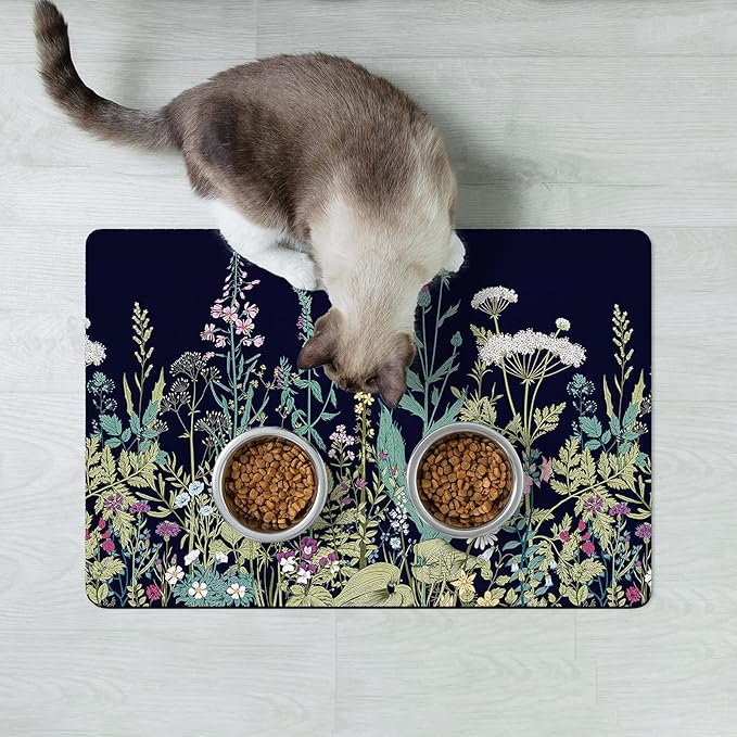 Rnivvi Dog Food Mat, 12" x 19" Flower Absorbent Dog Cat Bowl Mat for Food and Water, Cute Anti-Slip Rubber Pet Feeding Rug Protect Floors, Puppy Placemat for Feeding & Watering Supplies,Black Floral