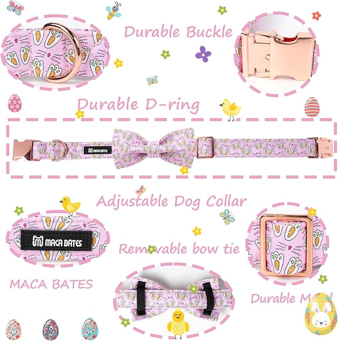 Maca Bates Rabbit Foot Dog Collar with Fancy Bow Tie for Large Girl Boy Dogs, Pink Bunny Pattern,Adjustable Durable Soft Breakaway Collars Easter Day Gift for Male Female Puppy