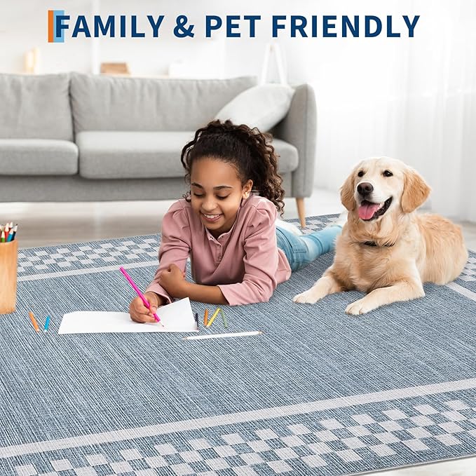 GarveeHome Kitchen Runner Rug Washable Runner Rug 2x6 for Hallway Non Slip Soft Throw Runner Carpet Modern Bordered Bathroom Mat Low Pile Checkered Runner Rugs for Bedroom Living Room Entry, Blue