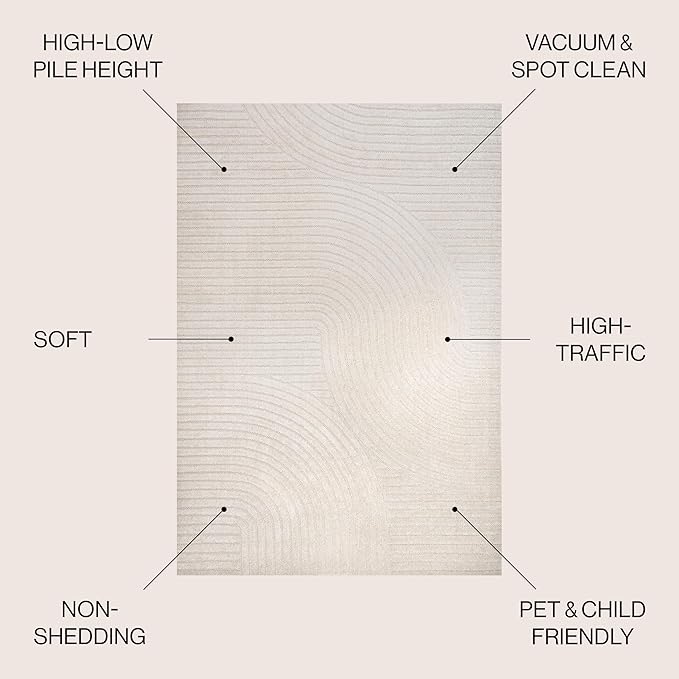 JONATHAN Y Hallie High-Low Curve Ivory/Cream Indoor/Outdoor Area Rug, 10x14, Minimalist, Pet Friendly, Non-Shedding, Stain Resistant, Hose-Washable for Backyard, Patio, Porch (SCN100B-14)