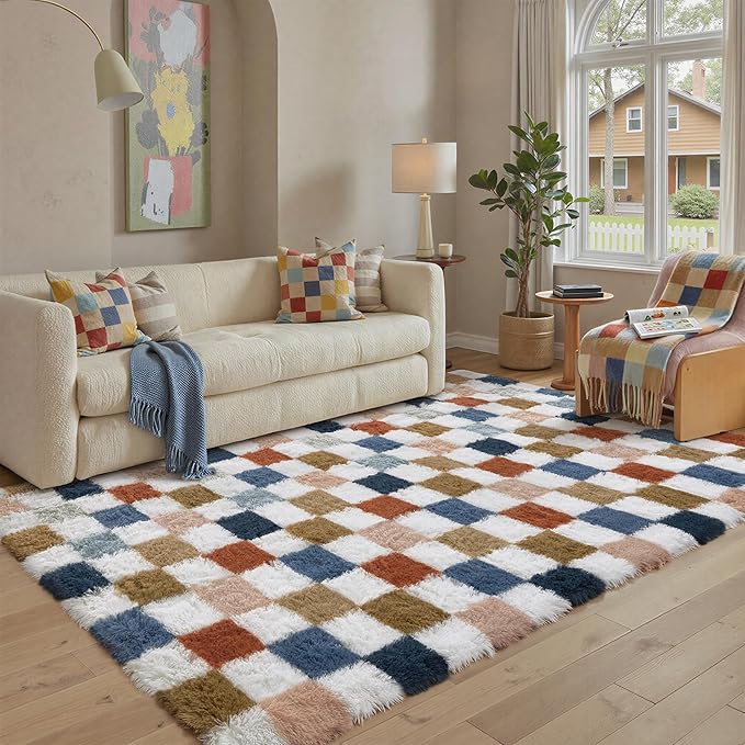 Checkered Rug 5x8 for Living Room, Modern Rainbow Shag Rug Super Soft Washable Indoor Fuzzy Carpet Non-Slip Fluffy Rugs for Bedroom Home Aesthetic Decor