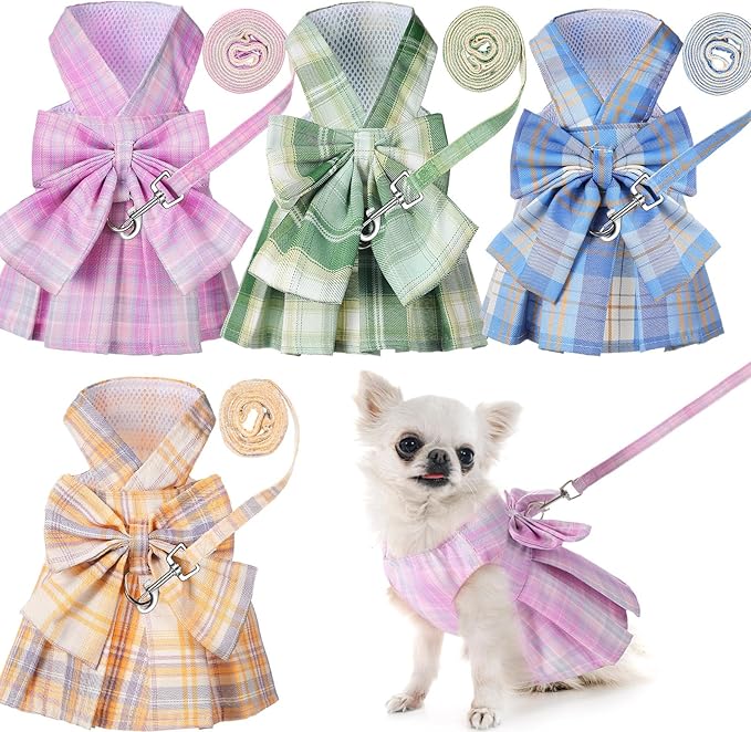 4 Pcs Cute Plaid Dog Dress Set with Bow Tie Harness & Leash for Small Dogs, Puppy Clothes for Girls Outfits(L,Light Color)