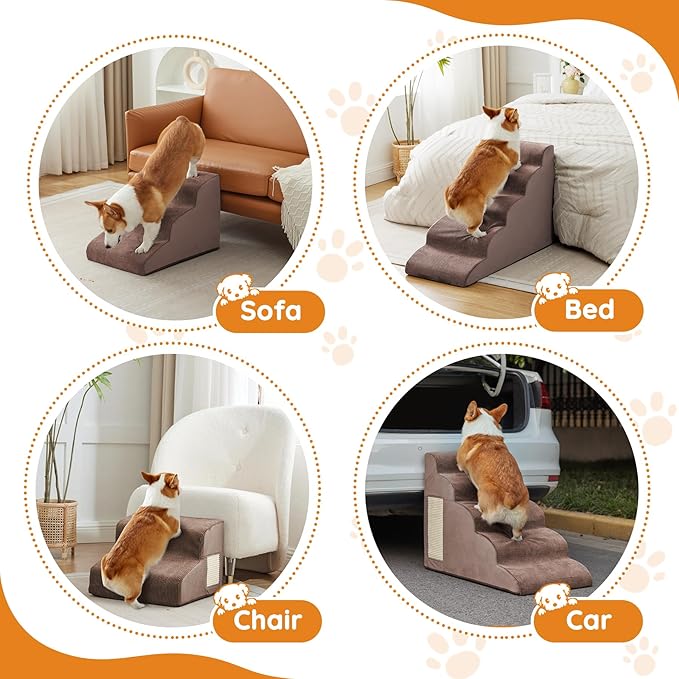 Pet Stairs, Dog Stairs for Small Dogs, Dogs Steps, 5-Step Curved Dog Ramp for Bed, Couch, Sofa, Car and Chair, Non-Slip Bottom Design, Cat Scratching Board, High Density Foam Portable Pet Step, Coffee