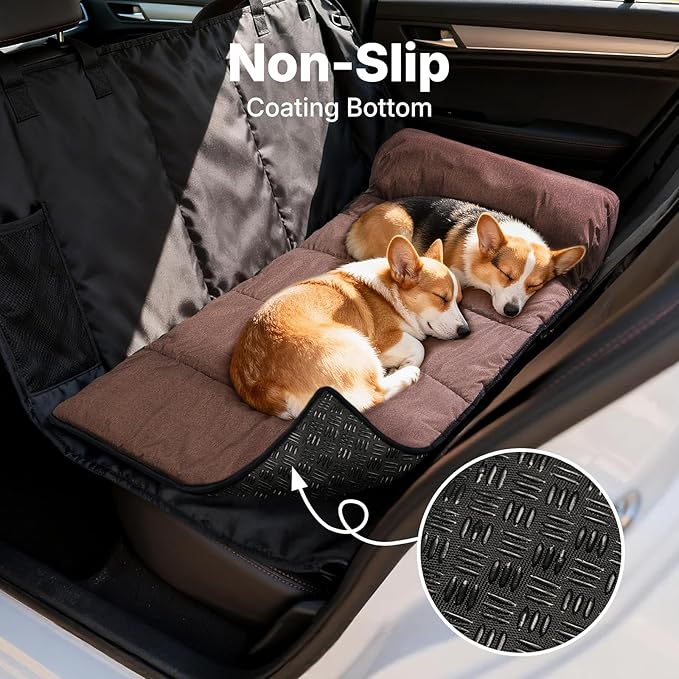 Veehoo Dog Bed for Car, Waterproof Car Dogs Bed with Bolster for Long Trips, Portable Dog Cars Seat Cover for Back Seat & Large Beds Extender for Dogs, Travel Accessories of SUV & Trucks
