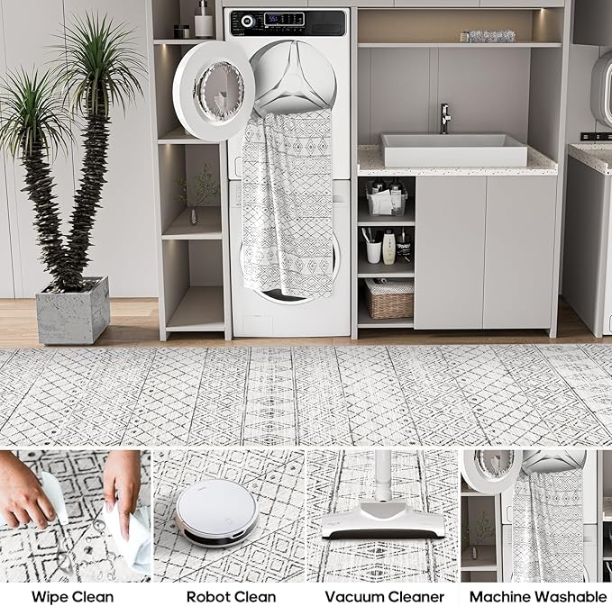 4x10 Rug for Hallway - Washable Moroccan Runner Rugs Non Slip Pets Friendly Runner Low Pile Soft Indoor Floor Mat Front Door for Kitchen Bedroom Entryway Laundry 4x10 Geo Grey