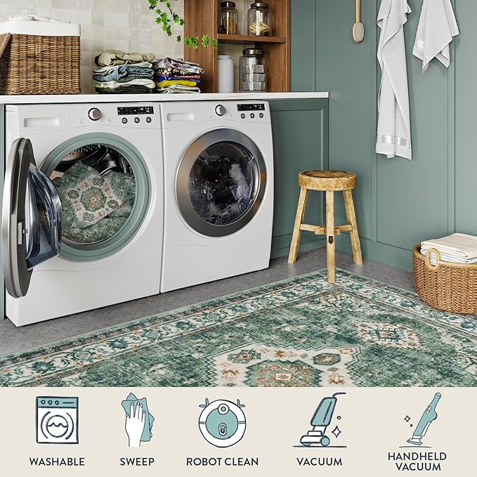 Lahome Oriental Hallway Runner Rug, 2.5x8 Kitchen Runner Non Slip Ultra-Thin, Soft Washable Hallway Rug Non Shedding Long Carpet for Entryway ?랰aundry Room Bathroom, Green/Multi