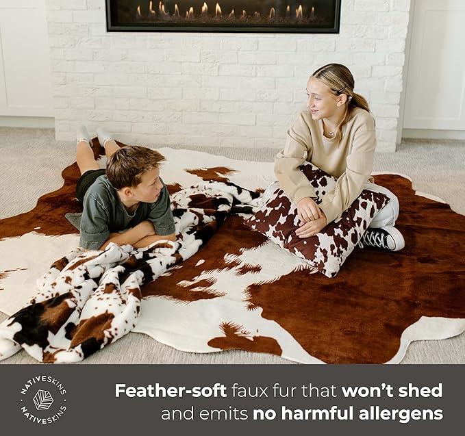 NativeSkins Faux Cowhide Rug ??Brown and White (Large) | 4'7" x 6'7" | Triple-Layer Support | Ultra-Soft Pile | Hand-Cut, Faux Suede No-Slip Backing | Western Rug | Cow Hide Animal Print