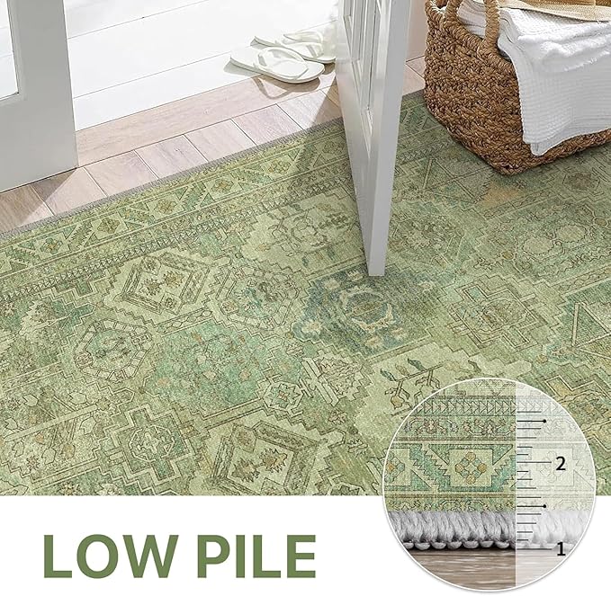 Bavni Washable Rug 6x9 Area Rug for Living Room Bedroom Dining, Washable Vintage Print Carpet, Ultra-Thin Chenille Low Pile Lightweight Rug with Non Slip Backing, Light Green