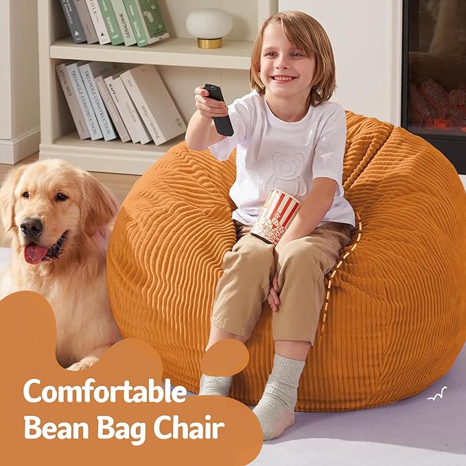 Homguava 2.5FT Bean Bag Chair,Teardrop Bean Bags Small Beanbag Chair with Memory Foam Filled and Ultra Soft Corduroy Cover for Living Room, Bedroom(Orange)