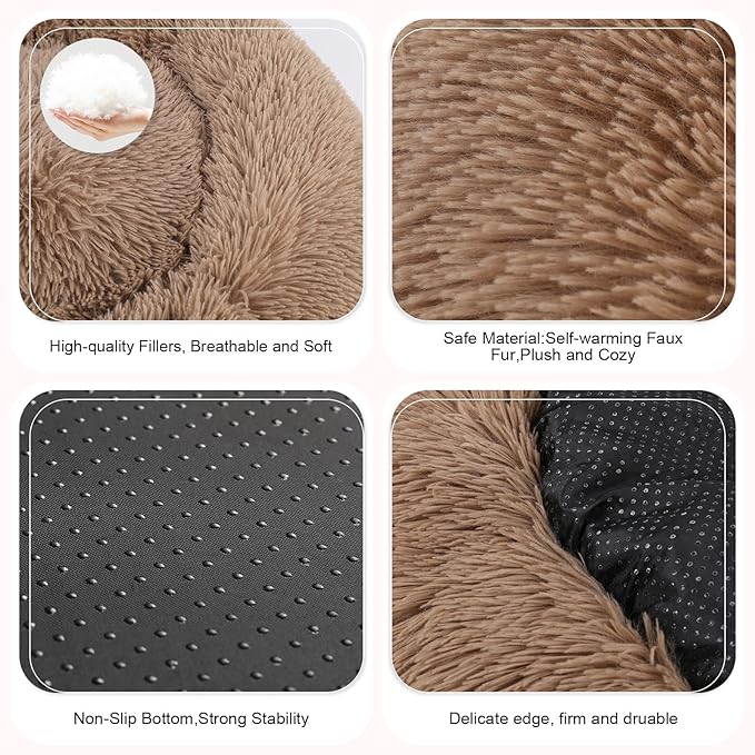 Dog Bed, Cat Calming Bed, Faux Fur Pillow Pet Donut Cuddler Round Plush Bed for Large Medium Small Dogs and Cats (Camel, 44.0" L x 44.0" W x 7.0" Th)
