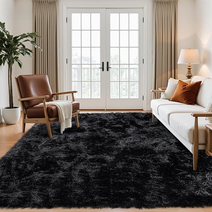 6x9 Area Rug for Living Room: Ultra Soft Fluffy Rug Modern Large Thicked Shag Rug for Bedroom Non Slip Indoor Fuzzy Carpets for Girls Kids Room Nursery Dorm Home Decor Black