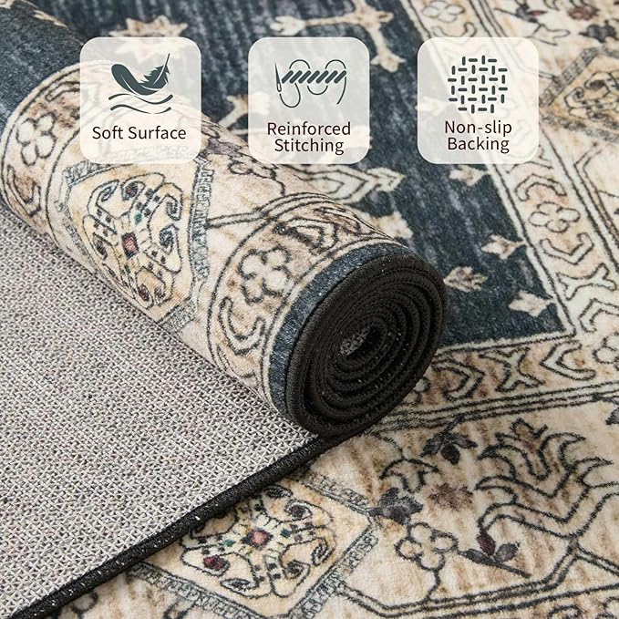 6x9 Area Rugs for Living Room Bedroom, Large Washable Rug, Black Vintage Floral Boho Rug, Non Slip & Low Pile Faux Wool Thin Carpet for Indoor Dining Room, Dorm and Kids Room(Black 6x9ft)