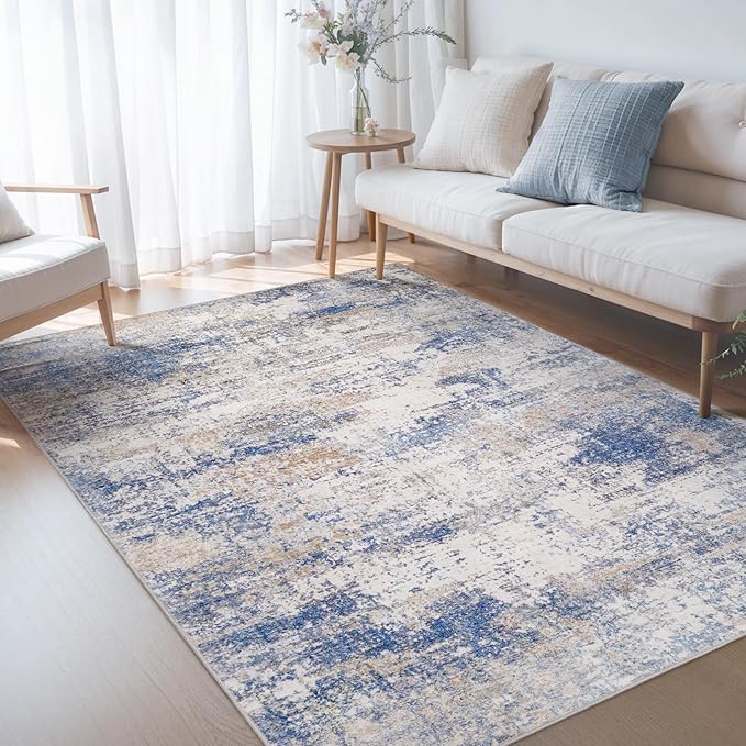 Area Rug Living Room Washable Rugs: 5x7 Modern Neutral Abstract Low Pile Non Slip Floor Carpet - Large Soft Thin Stain Resistant Rug for Bedroom Dining Indoor Office Home, Blue Brown