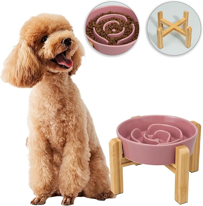 Elevated Slow Feeder Dog Bowl - Ceramic Maze Food Dish with Bamboo Stand - Raised Feeding Bowl for Fast Eaters - Ideal for Small and Medium Dogs - Pink - 6.7 inch