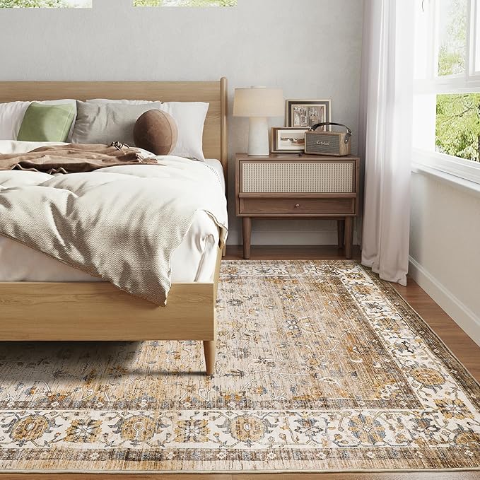 Washable Area Rug 8x10, Large Soft Rugs for Living Room - Stain Resistant Non-Slip Backing Rugs for Bedroom, Vintage Large Area Rug (Turmeric/Grey,8'x10')