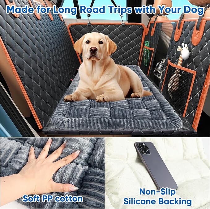 Dog Car Bed Mat for Backseat Extender, Non-Slip Grey Flannel Pet Travel Blanket with Soft PP Cotton, Car Seat Protector for Dogs in SUVs, Sedans & Trucks (51"x23.6")