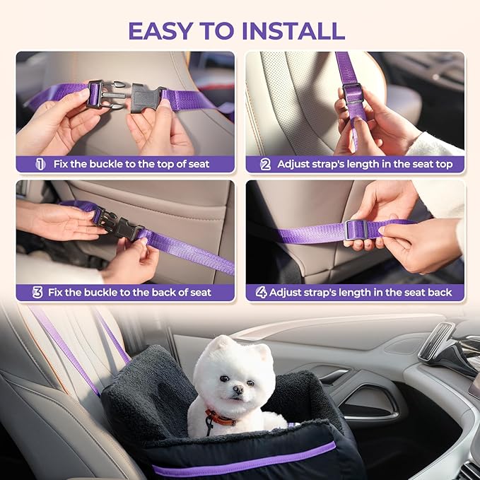 BurgeonNest Dog Car Seat for Small Dogs, Detachable and Washable Cat Carseats Under 25 lbs, Soft Pet Booster Seats with Storage Pockets and Clip-On Leash Portable Car Travel Carrier Bed, Black Purple