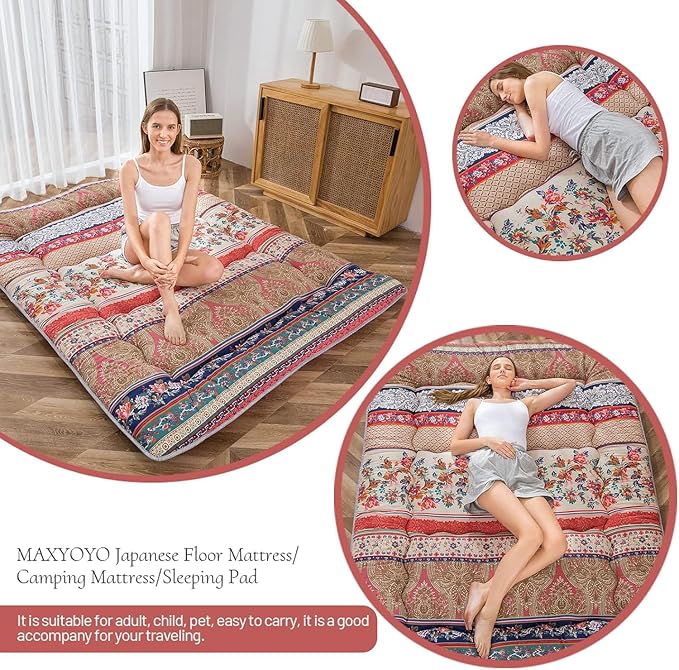MAXYOYO Bohemian Retro Floor Mattress Vintage Floral Japanese Futon Mattress Roll Up Thicken Sleeping Bed Portable Camping Mattress Floor Lounger Couch Bed Mattress Pad Queen