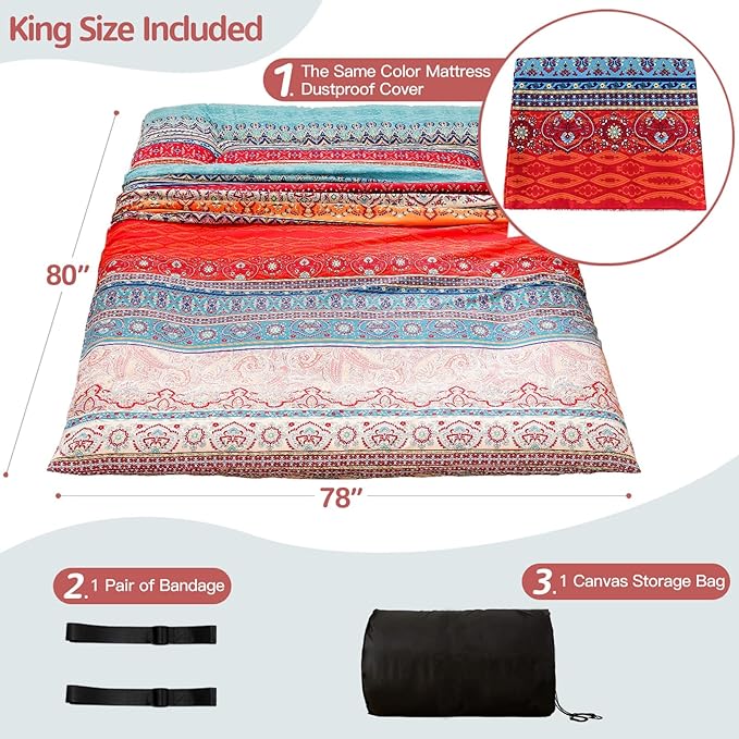 MAXYOYO Bohemian Retro Vintage Floral Japanese Futon Mattress Roll Up Tatami Floor Mat Foldable Bed Portable Camping Mattress Sleeping Pad Floor Lounger Couch Bed, King