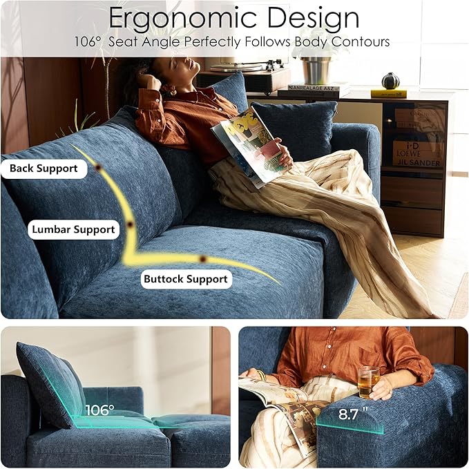 LINSY HOME Cloud Couch Sectional, Modular Sofa Sectionals for Living Room Bedroom, 91" U Shape Love Seat Couch with Ottoman, 2 Seater Deep Seat Cozy Couch Luxury Chenille Sofas, Blue