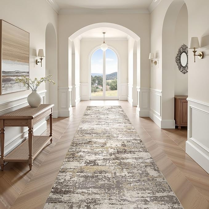 Hallway Washable Runner Rug: 3x12 Abstract Modern Soft Stain Resistant Non-Slip Backing Runner for for Entryway Kitchen Laundry - Gold Brown