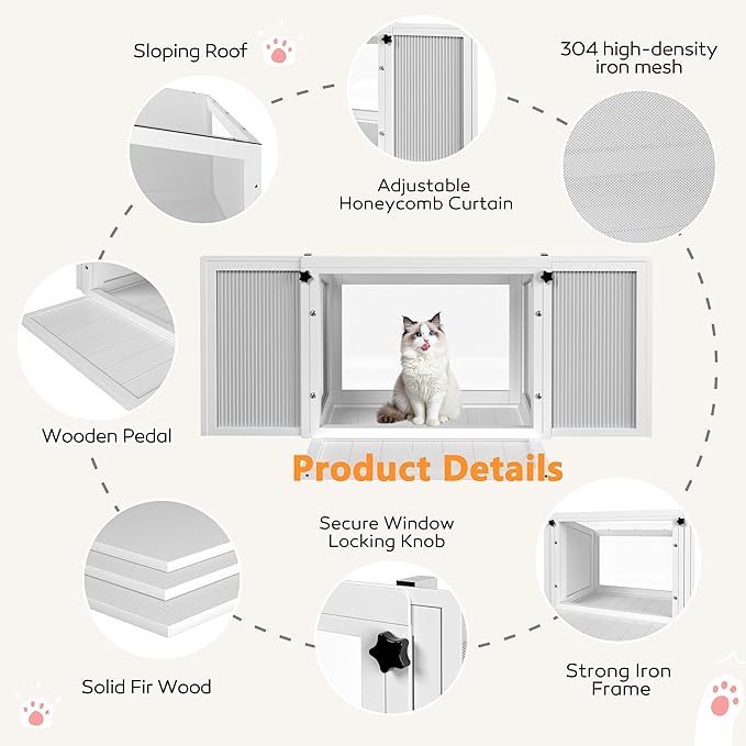 Cat Window Box, Adjustable Window Cat Perch Catio, Wooden Window Catio for Indoor Cats, 304 Iron Mesh, Fits Vertical Window Frames 26" to 42" Wide, Sunbathing, Overlooking, White
