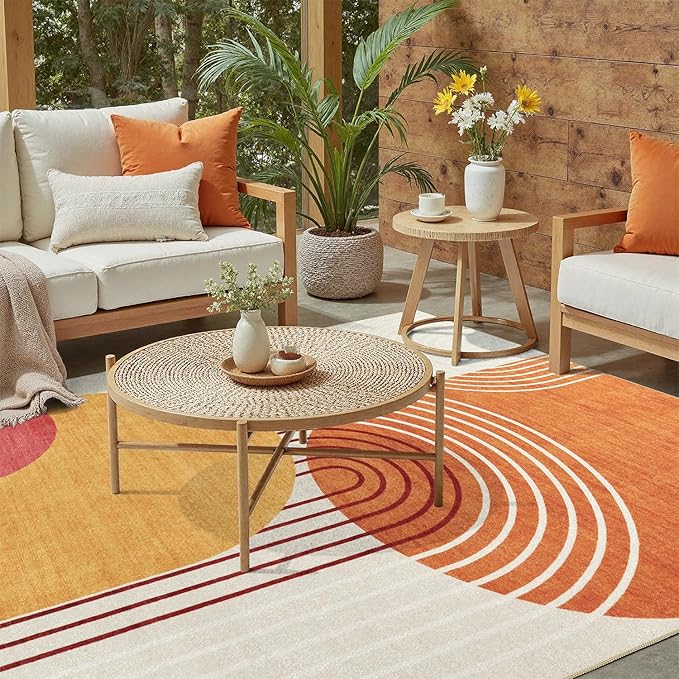 DCX Abstract Machine Washable 6x9 Rug, Mid Century Modern Rug for Living Room, Soft Low Pile Non Slip Carpet, Kid & Pet Friendly Stain Resistant Rug for Bedroom Dining Room Office, Orange & Yellow