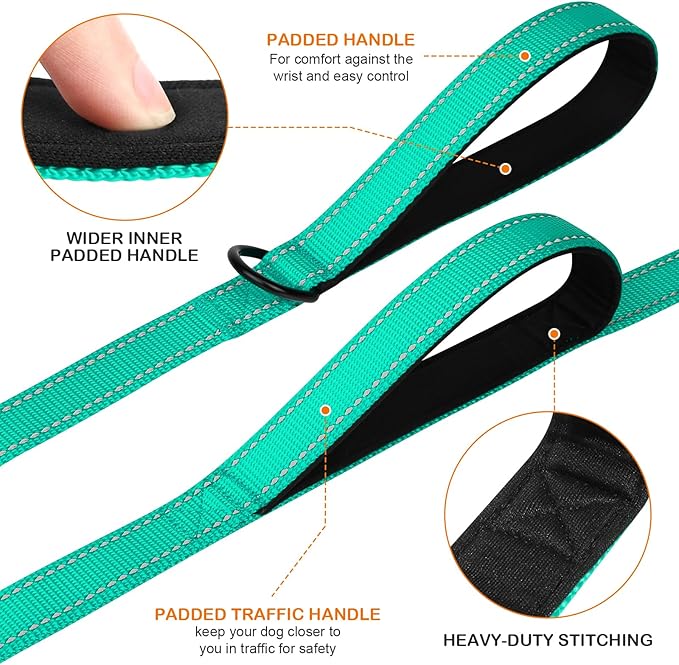 Joytale Dog Leash Heavy Duty for Large Dogs That Pull, Double Handle for Traffic Control, Double-Sided Reflective Leashes for Large Medium Dogs Night Safety, 5FT, Teal