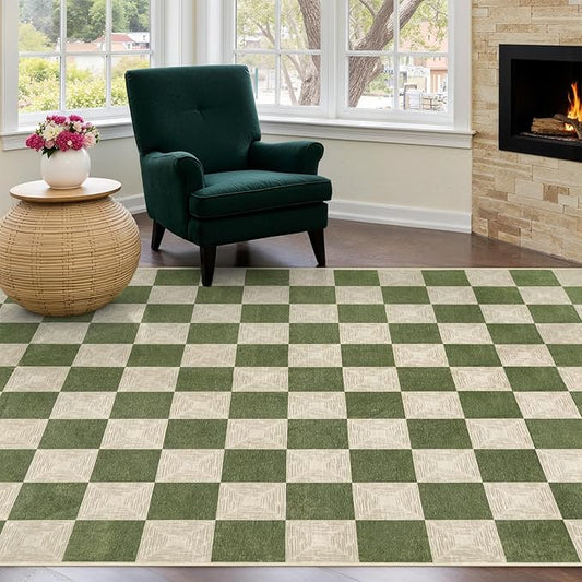 5x8 Checkered Washable Area Rug, Non-Slip Farmhouse Checkerboard Carpet for Living Room, Neutral Rug for Bedroom, Boys Room,Dining Room or Office