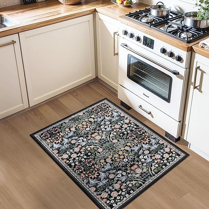Entryway Rug 2X3 Small Rugs: Floral Washable Door Mat Vintage Soft Low Pile Non-Slip Kitchen Rugs Stain Resistant Indoor Throw Rug for Entrance, Bedroom, Kitchen, Laundry, Bathroom Dark Black