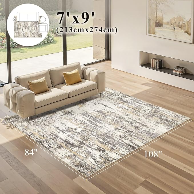 Area Rugs for Living Room: Abstract Washable Rug Large Soft Stain Resistant Non-Slip Backing for Bedroom Dining Room Indoor Home Office Carpet for Kids Pet Friendly Families - 7x9 Gold Brown