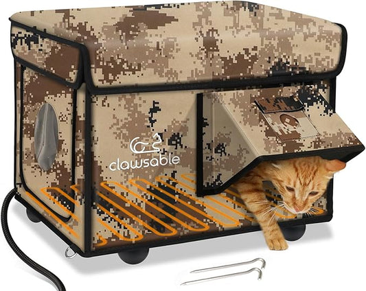 Indestructible Heated Cat House for Outside Cats Winter, 100% Weatherproof, Safe Escape Door, Insulated Outdoor Cat Shelter with Heater for Feral Barn Cat Kitty (Desert Camouflage, 12.6"x16.5"x12.6")