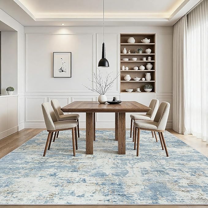 9x12 Area Rugs Living Room Rug Modern Abstract Neutral Washable Rugs Non Slip Soft Carpet Large Area Rug Low Pile Stain Resistant Non Shedding for Bedroom Nursery Dining Room Home Office Blue