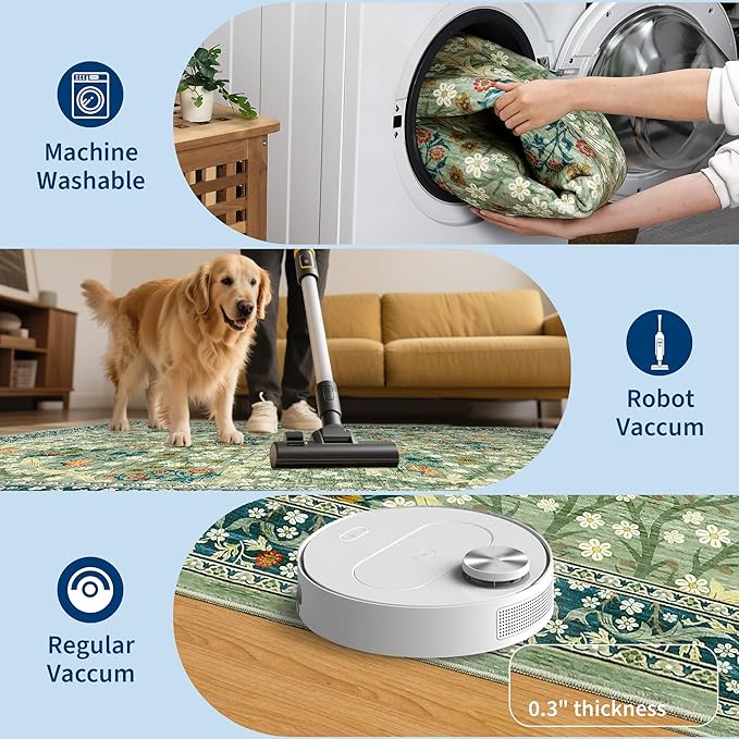 GarveeHome Floral Area Rugs 5x7, Sage Green Washable Rug for Living Room, Bedroom, Low Pile Non Slip Stain Resistance Indoor Boho Carpet Mat for Farmhouse, Dining Room, Office
