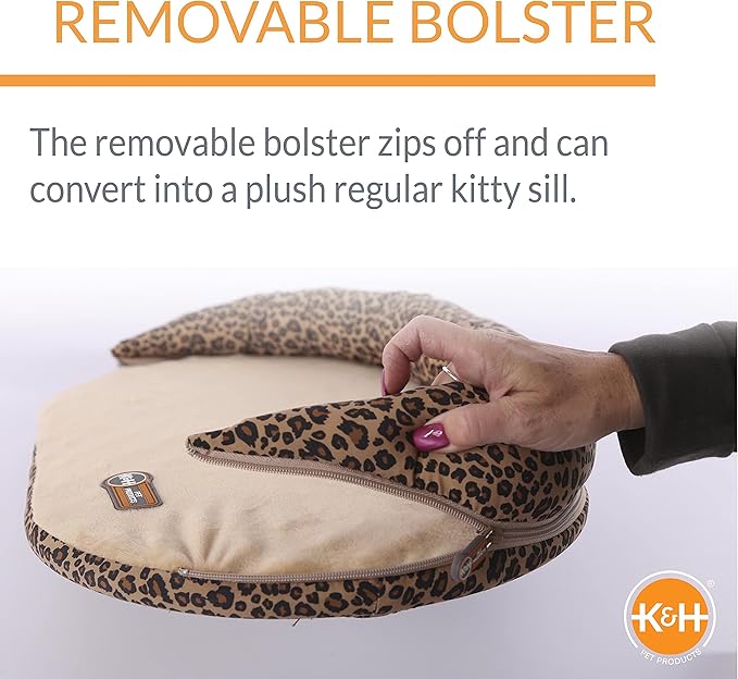 K&H Pet Products Bolster Kitty Sill Cat Window Perch Bed for Large Cats, Orthopedic Window Hammock Holds 40 lbs, Washable Cover, Indoor Windowsill Furniture Bed Seat - Tan/Leopard Unheated 14 X 24in
