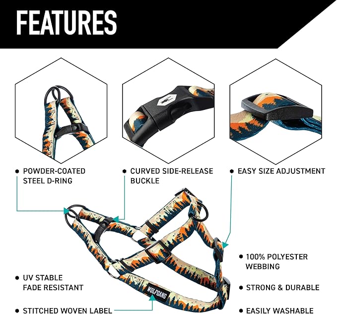 Wolfgang Heavy Duty Adjustable Dog Harness, Pull-Tested to Over 800 lbs for Walking & Training, Overland Print, Medium