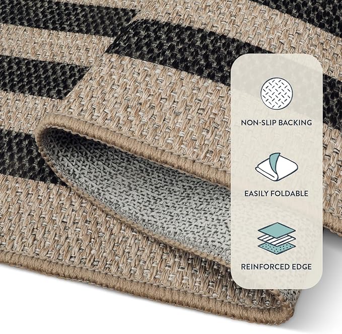 Lahome Modern Geometric Easy Jute Outdoor Rug, 3x5 Black Washable Kitchen Rugs for Bedroom Thin Non Slip Indoor Door Mat, Non Slip Farmhouse Carpet for Office Patio