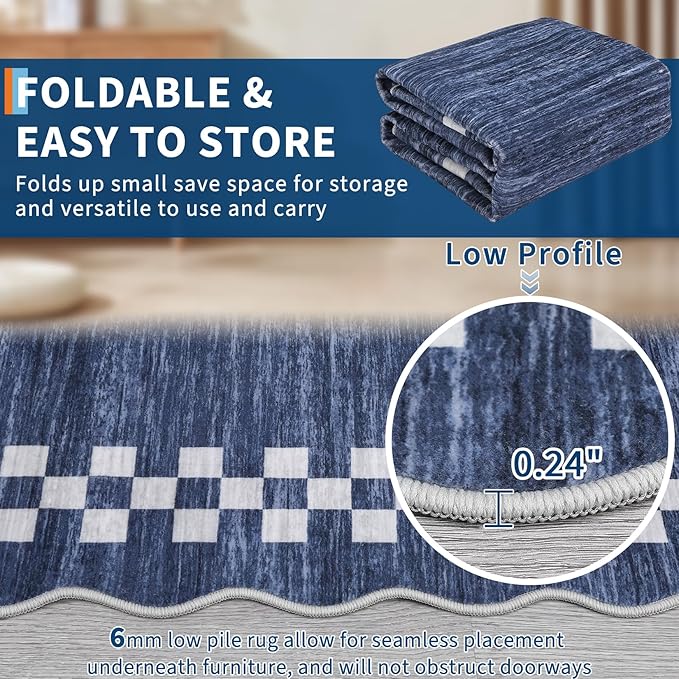 GarveeHome Area Rug 6x9 Large Living Room Modern Border Throw Rug with Rubber Backing Stain Resistant Dining Room Throw Carpet Washable Scalloped Rug for Bedroom Home Decor Office, Blue