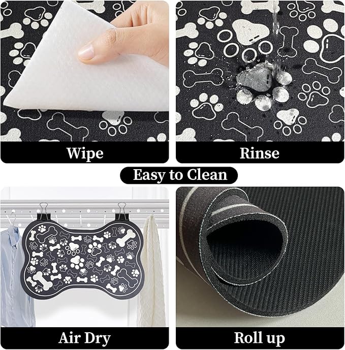 Dog & Cat Food Mat Bone Shaped Pet Feeding Mat Quick Absorb Water Bowl Placemat with Rubber Backing Indoor Floor Stain Resistant Pet Accessory Supplies (Black, 17x29 Inches)