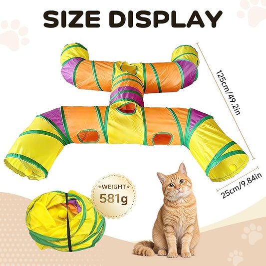 Cat Tunnels for Indoor Cats, Cat Tunnel with Plush Ball, Kitten Tunnel Collapsible, Cat Play Tunnel with Interactive Peephole for Large Cat, Puppy, Kitten (Colorful-4 Way)