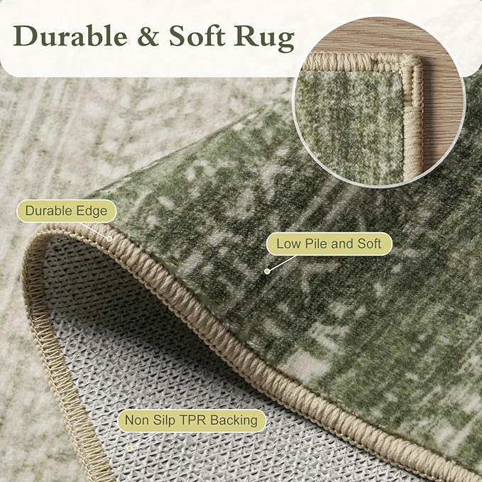 3 x 5 Rug Small Non Slip Machine Washable Rug Distressed Abstract Soft Indoor Carpet Neutral Boho Rug for Bedroom Living Room Entryway Kitchen Bedside, Green