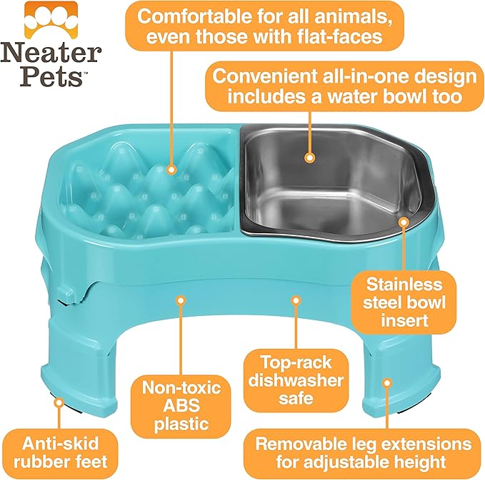 Neater Pet Brands – Neater Raised Slow Feeder Dog Bowl – Elevated and Adjustable Food Height - (Double Diner/w Metal Bowl, Aquamarine)