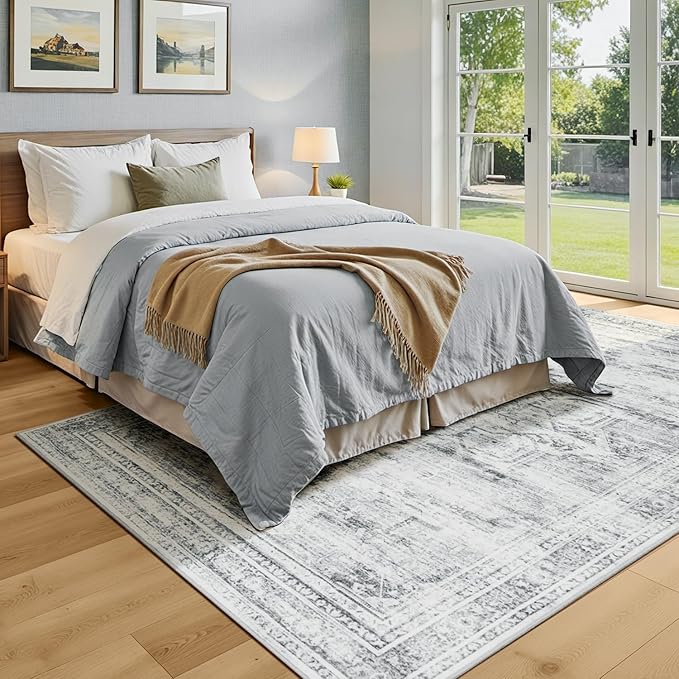 5x7 Washable Area Rugs for Living Room, Soft Faux Wool Carpets for Bedroom Dining Room, Neutral Vintage Distressed Non Slip Stain Resistant Grey White Rug for Home Office Decor