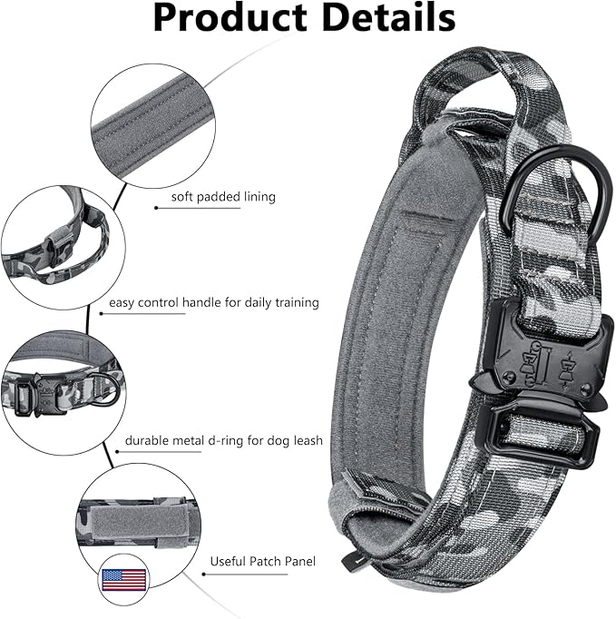 DAGANXI Tactical Dog Collar, Adjustable Military Training Nylon Dog Collar with Control Handle and Heavy Metal Buckle for Medium and Large Dogs, with Patches and Airtags Case (S, Camo)