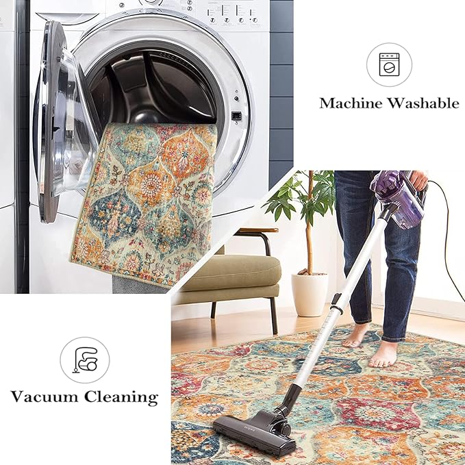 Lahome Moroccan Trellis Round Area Rugs, Washable Small Round Rug 3ft Non-Slip, Soft Vintage Ultra-Thin Circle Carpet for Bedroom Entryway Kitchen Laundry Bathroom, Cream/Multi